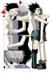 Rule 34 | 2boys, bad id, bad twitter id, bare shoulders, black hair, black shirt, blush, close-up, commentary, commentary request, gon freecss, green footwear, green shorts, heart, highres, hug, hunter x hunter, kasukasugom1, killua zoldyck, multiple boys, progression, sequential, shirt, shorts, simple background, tank top, white hair, white shirt, yaoi