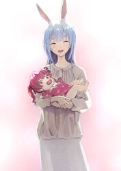 Rule 34 | aged down, aged up, alternate costume, animal ear fluff, animal ears, baby, baby carry, blue hair, blush stickers, brown shirt, carrying, closed eyes, commentary, extra ears, facing viewer, highres, hololive, houshou marine, long hair, long skirt, long sleeves, looking at viewer, open mouth, pacifier, rabbit ears, red hair, shirt, skirt, symbol-only commentary, teeth, thick eyebrows, upper teeth only, usada pekora, virtual youtuber, white skirt, yami ara