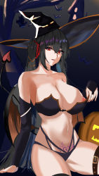 Rule 34 | absurdres, alternate costume, areola slip, arm support, azur lane, bare shoulders, bat (animal), bikini, black bikini, black legwear, breasts, bridal gauntlets, cleavage, commentary request, crossed bangs, detached sleeves, hair between eyes, halloween, halloween costume, hat, highres, large breasts, long hair, nipples, parted lips, pubic tattoo, pumpkin, qwe 24, red eyes, revealing clothes, sitting, strapless, strapless bikini, swimsuit, taihou (azur lane), tail, tattoo, thigh strap, thighs, twintails, very long hair, wings, witch hat