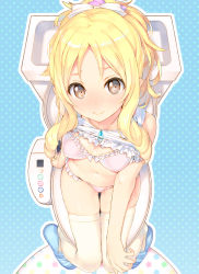 Rule 34 | 10s, 1girl, blonde hair, blush, bow, bra, breasts, brown eyes, closed mouth, clothes lift, drill hair, eromanga sensei, frill trim, frills, from above, hair bow, hand on own knee, has bad revision, has downscaled revision, jewelry, knees together feet apart, looking at viewer, looking up, md5 mismatch, navel, necklace, panties, pendant, pink bra, pink panties, resolution mismatch, ringlets, shirt lift, sidelocks, slippers, small breasts, solo, source smaller, tatami to hinoki, thighhighs, toilet, twin drills, underwear, white thighhighs, yamada elf