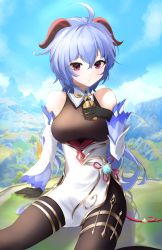 Rule 34 | 1girl, :/, ahoge, arm support, bare shoulders, bell, black gloves, blue hair, blue sky, bodystocking, breasts, cloud, cloudy sky, commentary, cowbell, dawon, day, detached collar, detached sleeves, eyes visible through hair, feet out of frame, ganyu (genshin impact), genshin impact, gloves, goat horns, hair between eyes, hand on own chest, hand up, highres, horns, landscape, light blush, long hair, looking at viewer, medium breasts, mountain, neck bell, outdoors, parted lips, purple eyes, sitting, sky, solo, sunlight, thighlet, tree, vision (genshin impact)