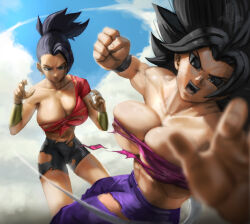 Rule 34 | 2girls, absurdres, battle, bike shorts, black eyes, black hair, blue sky, breasts, caulifla, cleavage, cloud, dragon ball, dragon ball super, earrings, elite nappa, highres, incoming attack, incoming punch, jewelry, kale (dragon ball), large breasts, looking at viewer, multiple girls, navel, nipples, open mouth, pants, pink tube top, ponytail, pov, punching, purple pants, sky, spiked hair, strapless, sweat, torn clothes, tube top