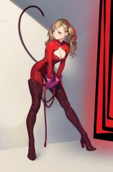 Rule 34 | 1girl, absurdres, beeeeen, blonde hair, blue eyes, bodysuit, boots, breasts, cleavage, fake tail, full body, high heel boots, high heels, highres, holding, holding weapon, holding whip, long hair, medium breasts, parted lips, persona, persona 5, red bodysuit, red thighhighs, solo, tail, takamaki anne, thigh boots, thighhighs, twintails, weapon, whip, zipper, zipper pull tab