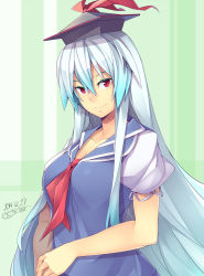 Rule 34 | 1girl, absurdres, blue hair, breasts, cleavage, dated, dress, hat, highres, kamishirasawa keine, kokka han, large breasts, long hair, multicolored hair, red eyes, silver hair, smile, solo, touhou, upper body
