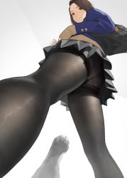 Rule 34 | 1girl, ass, bag, beige sweater, blue jacket, blush, brown eyes, buttons, commentary, forehead, grey skirt, gusset, highres, jacket, legs, long sleeves, looking at viewer, looking back, original, panties, panties under pantyhose, pantyhose, parted bangs, parted lips, pleated skirt, school uniform, shoulder bag, simple background, skirt, solo, thighband pantyhose, thighs, underwear, upskirt, white background, yomu (sgt epper)