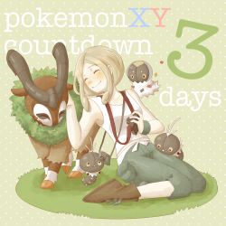 Rule 34 | 1girl, blonde hair, blush, breasts, camera, collarbone, copyright name, creatures (company), english text, closed eyes, female focus, game freak, gen 6 pokemon, gogoat, gym leader, happy, highres, knees, legs, nature, nintendo, plant, pokemon, pokemon (creature), scatterbug, shoes, short hair, sitting, small breasts, smile, solo, spewpa, text focus, viola (pokemon), wristband