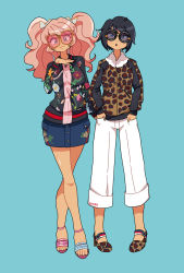 Rule 34 | 2girls, alternate costume, animal print, black hair, black jacket, blonde hair, blue background, blue eyes, blue skirt, blush, butterfly hair ornament, cheetah print, closed mouth, danganronpa: trigger happy havoc, danganronpa (series), denim, denim skirt, english text, enoshima junko, eyebrows hidden by hair, feet, female focus, fingernails, floral print, hair ornament, hand on another&#039;s ass, hand up, hands in pockets, highres, ikusaba mukuro, jacket, legs, long hair, looking at viewer, medium hair, messy hair, multicolored clothes, multiple girls, nail polish, nose blush, open mouth, pants, pink footwear, print footwear, raburine, red nails, shiny skin, siblings, simple background, sisters, skirt, sunglasses, toes, twins, twintails, white pants