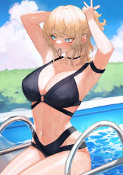 Rule 34 | 1girl, absurdres, arm strap, armpits, arms behind head, arms up, bare shoulders, bikini, black bikini, black choker, blonde hair, blue eyes, blush, breasts, choker, cleavage, day, embarrassed, hair tie in mouth, highres, large breasts, long hair, looking away, mouth hold, multi-strapped bikini, navel, novel illustration, o-ring, o-ring bikini, official art, original, outdoors, pool, solo, stomach, swimsuit, thighs, tunamayo (dsasd751), tying hair, water, wet