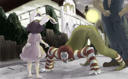 Rule 34 | 1girl, 2boys, abe takakazu, animal ears, barefoot, bear (qma), child, creepy, crossover, gloves, highres, horror (theme), inaba tewi, kuso miso technique, mcdonald&#039;s, multiple boys, parody, pointing, rabbit ears, red hair, ronald mcdonald, tongue, top-down bottom-up, touhou, unzipping, wallpaper, what, yaranaika, you gonna get raped
