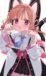 Rule 34 | 1girl, animal ear headphones, animal ears, black skirt, blue archive, blush, brown hair, cat ear headphones, cat ears, collared shirt, cowboy shot, fake animal ears, hands up, headphones, highres, jacket, looking at viewer, luicent, miniskirt, momoi (blue archive), necktie, open clothes, open jacket, open mouth, paw pose, pink eyes, pleated skirt, purple necktie, sanpaku, shirt, short necktie, simple background, skirt, solo, tail, tareme, white background, white jacket, white shirt, wing collar