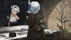 1girl absurdres bag black_bag blue_hair breasts cleavage closed_mouth commentary_request eula_(genshin_impact) faucet from_behind genshin_impact hand_up handbag highres id_card indoors jacket jacket_on_shoulders large_breasts leaning_forward looking_at_mirror marumoru mirror reflection short_hair sink solo yellow_eyes