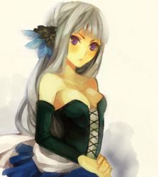 Rule 34 | 1girl, blush, breasts, cleavage, corset, dress, elbow gloves, gloves, gwendolyn (odin sphere), large breasts, long hair, lowres, odin sphere, purple eyes, silver hair, solo, strapless, strapless dress, vanille