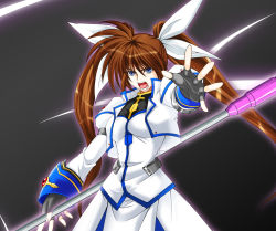Rule 34 | &gt;:d, 00s, 1girl, :d, black gloves, blue eyes, brooch, collar, cowboy shot, dress, fingerless gloves, gem, gloves, jacket, jewelry, long hair, looking at viewer, lyrical nanoha, magical girl, mahou shoujo lyrical nanoha, mahou shoujo lyrical nanoha strikers, open clothes, open jacket, open mouth, outstretched arm, purple eyes, raising heart, red hair, smile, solo, standing, takamachi nanoha, twintails, uniform, v-shaped eyebrows, very long hair, white devil, white dress
