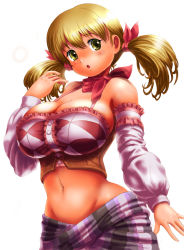 Rule 34 | 1girl, atelier (series), atelier rorona, bare shoulders, blonde hair, blush, breasts, bustier, cleavage, detached sleeves, female focus, groin, gust, huge breasts, lionela heinze, midriff, moriichi, navel, open mouth, simple background, solo, tecmo, twintails, white background, yellow eyes