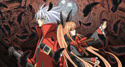 Rule 34 | 1boy, 1girl, arc system works, back-to-back, black feathers, blazblue, blonde hair, dress, feathers, gloves, gothic lolita, green eyes, hair ribbon, lolita fashion, long hair, rachel alucard, ragna the bloodedge, red eyes, ribbon, silver hair, twintails, weapon