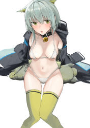 Rule 34 | 1girl, :o, absurdres, animal ear fluff, animal ears, arknights, bell, bikini, black coat, blush, breasts, cat ears, cleavage, coat, collar, commentary request, covered erect nipples, feet out of frame, green eyes, green thighhighs, grey hair, highres, jingle bell, kal&#039;tsit (arknights), looking at viewer, medium breasts, neck bell, open clothes, open coat, open mouth, pillow, short hair, simple background, sitting, solo, swimsuit, thighhighs, white background, white bikini, yunkkker