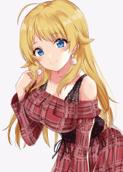 Rule 34 | 1girl, ahoge, bare shoulders, blonde hair, blue eyes, breasts, closed mouth, collarbone, commentary request, dress, eating, grey background, hachimiya meguru, hair flaps, hand up, head tilt, highres, idolmaster, idolmaster shiny colors, large breasts, leaning forward, long hair, looking at viewer, minikon, off-shoulder dress, off shoulder, plaid, plaid dress, red dress, simple background, smile, solo, very long hair