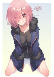 Rule 34 | 1girl, blush, border, breasts, cosplay, eyes visible through hair, fate/grand order, fate (series), fur-trimmed collar, fur-trimmed sleeves, fur trim, hair over one eye, jeanne d&#039;arc (fate), jeanne d&#039;arc alter (fate), jeanne d&#039;arc alter (fate) (cosplay), jeanne d&#039;arc alter (ver. shinjuku 1999) (fate), jjune, kneeling, large breasts, light purple hair, looking at viewer, mash kyrielight, medium breasts, official alternate costume, outside border, purple eyes, short hair, smile, solo, spoken blush, sweat, white border, wicked dragon witch ver. shinjuku 1999, zipper