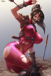 Rule 34 | 1girl, absurdres, armor, artist name, ass, bodysuit, breasts, brown eyes, brown hair, covered erect nipples, covered navel, dirt, gloves, highres, impossible bodysuit, impossible clothes, large breasts, looking at viewer, mask, namco, navel, ninja, nipples, on ground, ponytail, red bodysuit, scabbard, sheath, short sword, simple background, sitting, sitting sideways, skin tight, solo, soul calibur, soulcalibur, soulcalibur vi, sword, taki (soulcalibur), thighs, tomo eokaiteru, torn bodysuit, torn clothes, weapon, whip sword