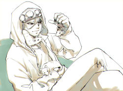 Rule 34 | 1boy, animal, animal in clothes, crossed legs, crystal, facepaint, feet out of frame, forehead protector, hair between eyes, hand up, holding, holding animal, hood, hood up, hooded jacket, jacket, kimetsu no yaiba, long sleeves, mak (kainemaru), male focus, monochrome, mouse (animal), nail polish, pants, sitting, smile, uzui tengen