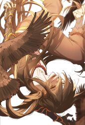 Rule 34 | 1boy, animal, bird, brown pants, collarbone, fate/grand order, fate (series), flower tattoo, highres, looking at viewer, lower teeth only, male focus, open mouth, pants, ponytail, solo, tattoo, teeth, upside-down, white background, yan qing (fate), yellow eyes, zuraa (naunau seijin)