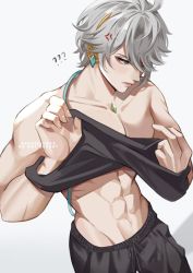 Rule 34 | 1boy, ?, ??, abs, alhaitham (genshin impact), anger vein, archieloras, black pants, black tank top, blue eyes, clothes lift, genshin impact, grey hair, hair between eyes, hair over one eye, highres, jewelry, male focus, muscular, muscular male, navel, pants, pectorals, scar, scar on arm, shirt lift, tank top, topless male, undressing