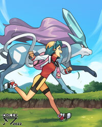 Rule 34 | 1girl, absurdres, backpack, bag, blue eyes, blue hair, blue sky, creatures (company), cropped jacket, from side, game freak, gen 2 pokemon, hat, highres, jacket, kris (pokemon), legendary pokemon, long sleeves, nintendo, open clothes, open jacket, open mouth, orlek, outdoors, pokemon, pokemon (creature), pokemon gsc, red shirt, running, shirt, shoes, shorts, sky, suicune, teeth, upper teeth only, white jacket, yellow headwear, yellow shorts
