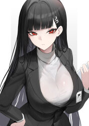 Rule 34 | 1girl, black hair, black jacket, blue archive, blunt bangs, breasts, commentary, hair ornament, highres, holding, jacket, large breasts, long hair, long sleeves, looking at viewer, luse maonang, parted lips, red eyes, rio (blue archive), simple background, solo, turtleneck