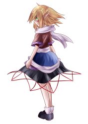 Rule 34 | 1girl, blonde hair, floating hair, full body, green eyes, guuchama, highres, looking back, mizuhashi parsee, pointy ears, ponytail, sash, scarf, shady eyes, short sleeves, solo, tears, touhou, white background