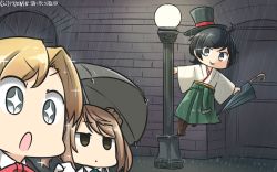 Rule 34 | + +, 3girls, ahoge, black hair, blank stare, blue eyes, brick wall, brown eyes, brown hair, commentary, dated, double bun, hair bun, hamu koutarou, hat, highres, holding, holding umbrella, japanese clothes, jitome, kantai collection, lamppost, looking at another, maikaze (kancolle), matsukaze (kancolle), meiji schoolgirl uniform, michishio (kancolle), mini hat, mini top hat, multiple girls, open mouth, outdoors, parody, parted bangs, rain, short hair, short ponytail, singin&#039; in the rain, sparkling eyes, swept bangs, top hat, tsurime, twintails, umbrella, wavy hair