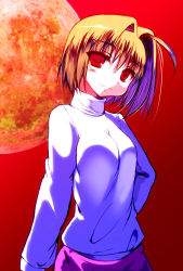 Rule 34 | 00s, 1girl, arcueid brunestud, blonde hair, breasts, hair intakes, hand on own hip, impossible clothes, impossible sweater, long skirt, moon, purple skirt, red eyes, red moon, red sky, samazuka mashiro, short hair, skirt, sky, smile, solo, sweater, tsukihime, turtleneck, upper body