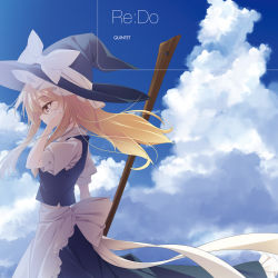 Rule 34 | 1girl, album cover, apron, arm up, bad id, bad pixiv id, blonde hair, blue sky, bow, broom, cloud, cover, day, frilled apron, frills, hat, hat bow, hat ribbon, kirisame marisa, long hair, looking down, matsuyama nozomu, puffy sleeves, ribbon, sky, solo, touhou, vest, wind, witch hat, yellow eyes