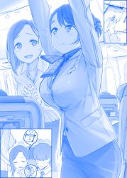 Rule 34 | 2boys, 2girls, = =, airplane interior, arms up, blue theme, blush, breasts, buttons, chair, character request, closed mouth, collared shirt, comic, cowboy shot, dress shirt, flight attendant, flying sweatdrops, frown, getsuyoubi no tawawa, hair ornament, hair over eyes, hairclip, headphones, himura kiseki, kouhai-chan (tawawa), large breasts, long sleeves, looking up, luggage, mole, mole under eye, monochrome, motion lines, multiple boys, multiple girls, necktie, nervous smile, parted bangs, pencil skirt, pocket, revision, senpai (tawawa), shirt, short hair, sigh, silent comic, skirt, smile, speech bubble, standing, sweat, tareme, thought bubble, travel attendant, wing collar