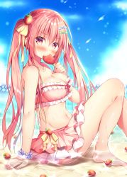 Rule 34 | 1girl, arm support, bare legs, bare shoulders, barefoot, bikini, blue bow, blue flower, blue sky, blush, bow, breasts, cleavage, cloud, collarbone, commentary request, day, eating, flower, flower bracelet, food, food-themed hair ornament, frilled bikini, frills, fruit, green bow, groin, hair between eyes, hair bow, hair ornament, holding, holding food, horizon, large breasts, long hair, looking at viewer, navel, ocean, original, outdoors, pink bikini, red eyes, red hair, shallow water, sky, solo, strawberry, strawberry hair ornament, suzukawa yui, swimsuit, twintails, very long hair, water, wet, yellow bow