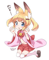 Rule 34 | 1girl, animal ear fluff, animal ears, bare shoulders, bell, blonde hair, blue eyes, blush, bow, brown footwear, dated, detached sleeves, fox ears, full body, hair ornament, hairclip, hands up, jingle bell, kanya pyi, kemomimi oukoku kokuei housou, long sleeves, mikoko (kemomimi oukoku kokuei housou), navel, parted lips, pink sleeves, platform footwear, pleated skirt, red bow, red skirt, ribbon-trimmed legwear, ribbon trim, sandals, simple background, skirt, sleeveless, solo, thighhighs, translation request, twintails, virtual youtuber, white background, white thighhighs, wide sleeves, zouri
