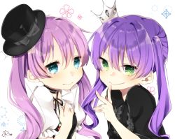 Rule 34 | 2girls, abe suke, black bow, black hat, black ribbon, blue eyes, bow, closed mouth, commentary request, crown, green eyes, hair between eyes, hand on own chest, hat, hat bow, long hair, looking at viewer, mini crown, mini hat, multiple girls, neck ribbon, original, pink hair, puffy short sleeves, puffy sleeves, purple hair, ribbon, short sleeves, signature, smile, twintails, upper body
