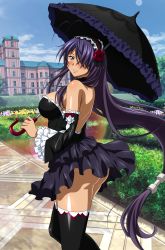 Rule 34 | 1girl, ass, backless outfit, black skirt, black sleeves, black thighhighs, black umbrella, blue sky, bow, breasts, day, detached sleeves, floating hair, flower, frilled sleeves, frilled umbrella, frills, gothic lolita, grey eyes, hair flower, hair ornament, hair over one eye, hairband, highres, holding, holding umbrella, ikkitousen, kan&#039;u unchou, large breasts, layered skirt, lolita fashion, lolita hairband, long hair, long sleeves, looking at viewer, miniskirt, outdoors, purple hair, red bow, red flower, red rose, rose, shiny clothes, shiny skin, shoulder blades, sideboob, skirt, sky, sleeveless, smile, solo, standing, striped, swept bangs, thighhighs, umbrella, very long hair, zettai ryouiki