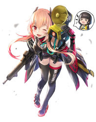 Rule 34 | 1girl, :3, :d, blush, from above, girls&#039; frontline, gun, himonoata, looking at viewer, looking up, m4 sopmod ii (girls&#039; frontline), midriff, one eye closed, open mouth, pale skin, pink eyes, pink hair, prosthesis, rifle, ro635 (girls&#039; frontline), roots, shorts, smile, solo, sopmod, spoilers, thighhighs, weapon, white background