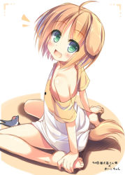 Rule 34 | 1girl, :d, animal, animal ears, barefoot, bird, borrowed character, brown hair, dog ears, dog tail, fang, green eyes, hands on feet, looking at viewer, meiko (inuarashi), nozomi tsubame, off shoulder, open mouth, original, oversized clothes, shirt, short hair, sitting, smile, solo, t-shirt, tail, wariza