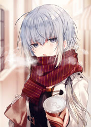 Rule 34 | 1girl, :o, ahoge, bag, black sweater, blurry, blurry background, blush, breath, can, depth of field, eyes visible through hair, grey eyes, hair between eyes, haiselita aldridge, holding, holding bag, holding can, jacket, kazutake hazano, long hair, long sleeves, looking at viewer, outdoors, paper bag, plaid, plaid scarf, red scarf, scarf, shiro seijo to kuro bokushi, silver hair, sleeves past wrists, solo, steam, striped clothes, striped sweater, sweater, upper body, white jacket
