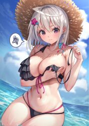 1girl 3: absurdres ahoge bikini black_bikini blue_hair blue_sky blush breasts cleavage closed_mouth cloud collarbone commentary_request covering_breasts covering_privates day earrings frilled_bikini frills gradient_hair grey_hair hair_between_eyes hair_ornament hat highres horizon jewelry kuze_kaname large_breasts looking_at_viewer multicolored_hair navel ocean original outdoors purple_eyes short_hair sidelocks sitting sky solo spoken_squiggle squiggle star_(symbol) star_hair_ornament straw_hat sun_hat swimsuit two-tone_hair wariza