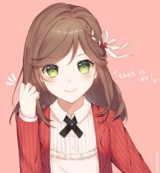 Rule 34 | 1girl, brown hair, butterbreb, closed mouth, frilled shirt, frills, green eyes, hair ornament, hair ribbon, highres, jacket, long hair, long sleeves, looking at viewer, pink background, polo shirt, red jacket, ribbon, rosa (tears of themis), shirt, simple background, smile, solo, tears of themis, white shirt