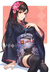 Rule 34 | 1girl, black hair, black kimono, black thighhighs, bow, breasts, closed mouth, final fantasy, final fantasy vii, final fantasy vii remake, flower, hair flower, hair ornament, hand up, japanese clothes, kimono, lips, long hair, looking at viewer, obi, official alternate costume, ohse, pink flower, red eyes, sash, sitting, smile, solo, square enix, tassel, thighhighs, tifa lockhart, tifa lockhart (exotic dress), twitter username, wall market, wide sleeves, zettai ryouiki