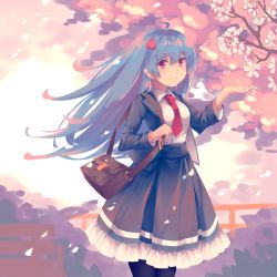 Rule 34 | 1girl, abstract background, ahoge, alternate costume, arm up, bag, bench, between breasts, black jacket, black pantyhose, black skirt, blazer, blue hair, breasts, cherry blossoms, commentary, cropped legs, day, dress shirt, food-themed hair ornament, frilled skirt, frills, hair between eyes, hair blowing, hair ornament, highres, hinanawi tenshi, holding strap, jacket, long hair, long skirt, long sleeves, looking at viewer, mechrailgun, medium breasts, necktie, necktie between breasts, no headwear, open clothes, open jacket, outdoors, pantyhose, peach hair ornament, petals, pleated skirt, red eyes, red necktie, school bag, school uniform, shirt, skirt, smile, solo, touhou, tree, very long hair, white shirt, wind