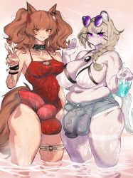 Rule 34 | 2girls, angelina (arknights), angelina (summer flower) (arknights), animal ears, animal penis, anklet, arknights, belly piercing, bra, braid, braided ponytail, breasts, brown hair, bulge, choker, dog ears, dog penis, dog tail, drink, futanari, hair ribbon, highres, jewelry, knotted penis, large breasts, large penis, light brown hair, love handles, multiple girls, nail polish, necklace, newhalf, nipple piercing, penis, piercing, plump, pool, purple eyes, red eyes, ribbon, shorts, steam, sunglasses, swimsuit, tail, tan, tanline, testicles, twintails, underwear, utage (arknights), utage (summer flowers) (arknights), victim alice, water, wet, wide hips