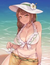 Rule 34 | beach, bikini, braid, breasts, brown hair, cleavage, fire emblem, fire emblem: three houses, fire emblem engage, fire emblem heroes, goldmary (fire emblem), goldmary (summer) (fire emblem), hat, large breasts, long hair, looking at viewer, mole, mole on breast, navel, nintendo, official alternate costume, sarong, smile, sun hat, swimsuit, symoca, white bikini, yellow eyes