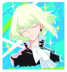 Rule 34 | 1boy, androgynous, bad id, bad twitter id, black jacket, ascot, crossdressing, earrings, closed eyes, green hair, happy, jacket, jewelry, lio fotia, male focus, portrait, promare, short hair, smile, solo, trap, tusia