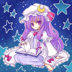 Rule 34 | 1girl, barefoot, book, bow, female focus, girotin ginza, long hair, patchouli knowledge, pink bow, solo, touhou