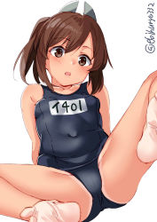 Rule 34 | 1girl, arm support, bare shoulders, barefoot, blush, breasts, brown eyes, brown hair, character name, collarbone, covered navel, ebifurya, hair ornament, hairclip, highres, i-401 (kancolle), kantai collection, m legs, old school swimsuit, one-piece swimsuit, one-piece tan, ponytail, school swimsuit, short ponytail, sidelocks, simple background, sitting, small breasts, soles, solo, spread legs, swept bangs, swimsuit, tan, tanline, toes, white background