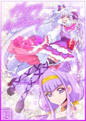 Rule 34 | 1girl, artist logo, ascot, bare shoulders, black choker, boots, border, choker, commentary request, cure amour, dress, earrings, eyelashes, flower, gloves, hair ornament, happy, happy birthday, high heel boots, high heels, hugtto! precure, jewelry, kamikita futago, long hair, looking at viewer, magical girl, pom pom (clothes), pom pom earrings, precure, purple ascot, purple border, purple dress, purple eyes, purple hair, purple theme, purple thighhighs, ruru amour, signature, smile, solo, thighhighs, thighs, upper body, white gloves